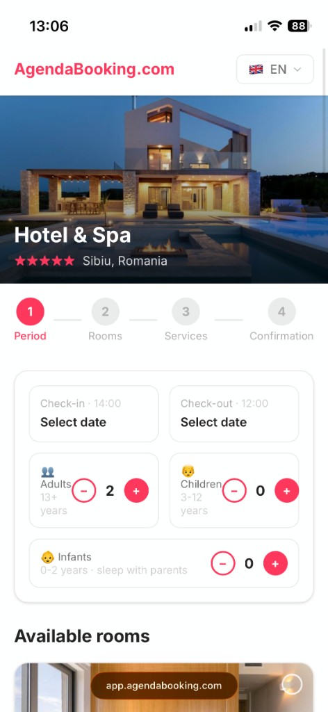 Pagină de rezervare online pe telefon